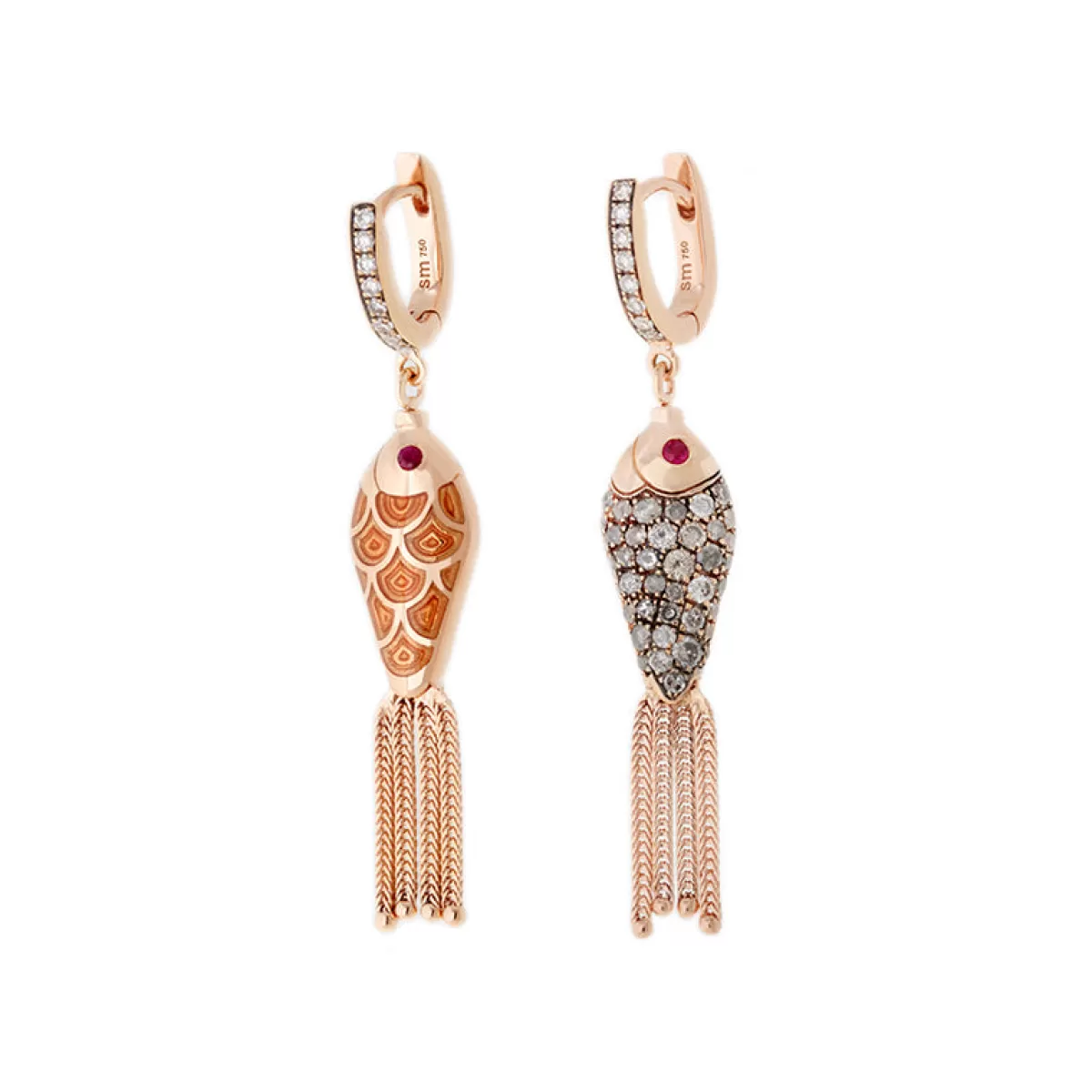 Selim Mouzannar Earrings-Fish For Love Earring Orangeicy Grey Diamonds - Rubies