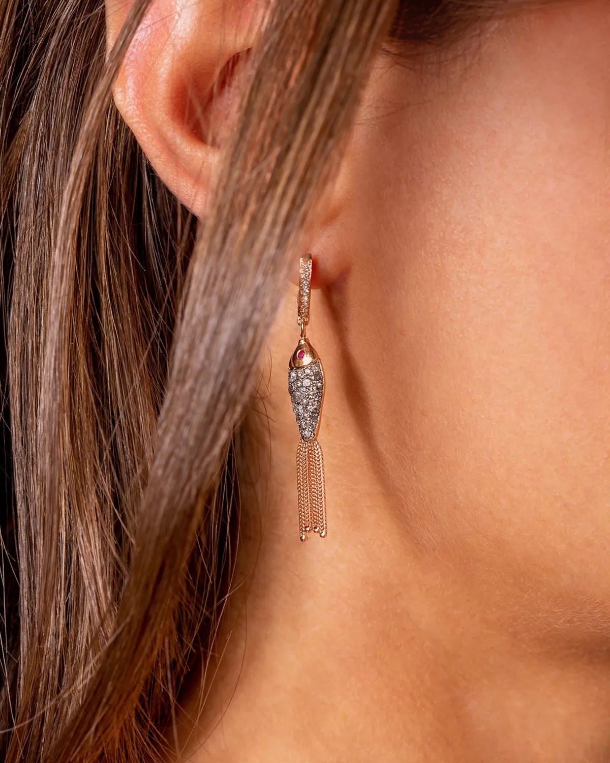 Selim Mouzannar Earrings-Fish For Love Earring Orangeicy Grey Diamonds - Rubies