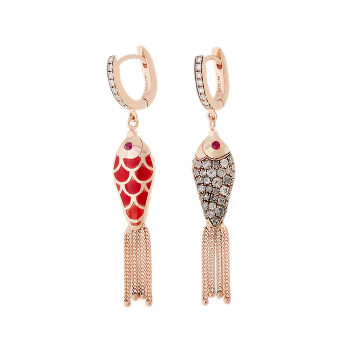 Selim Mouzannar Earrings-Fish For Love Earring Rusty Redicy Grey Diamonds - Rubies